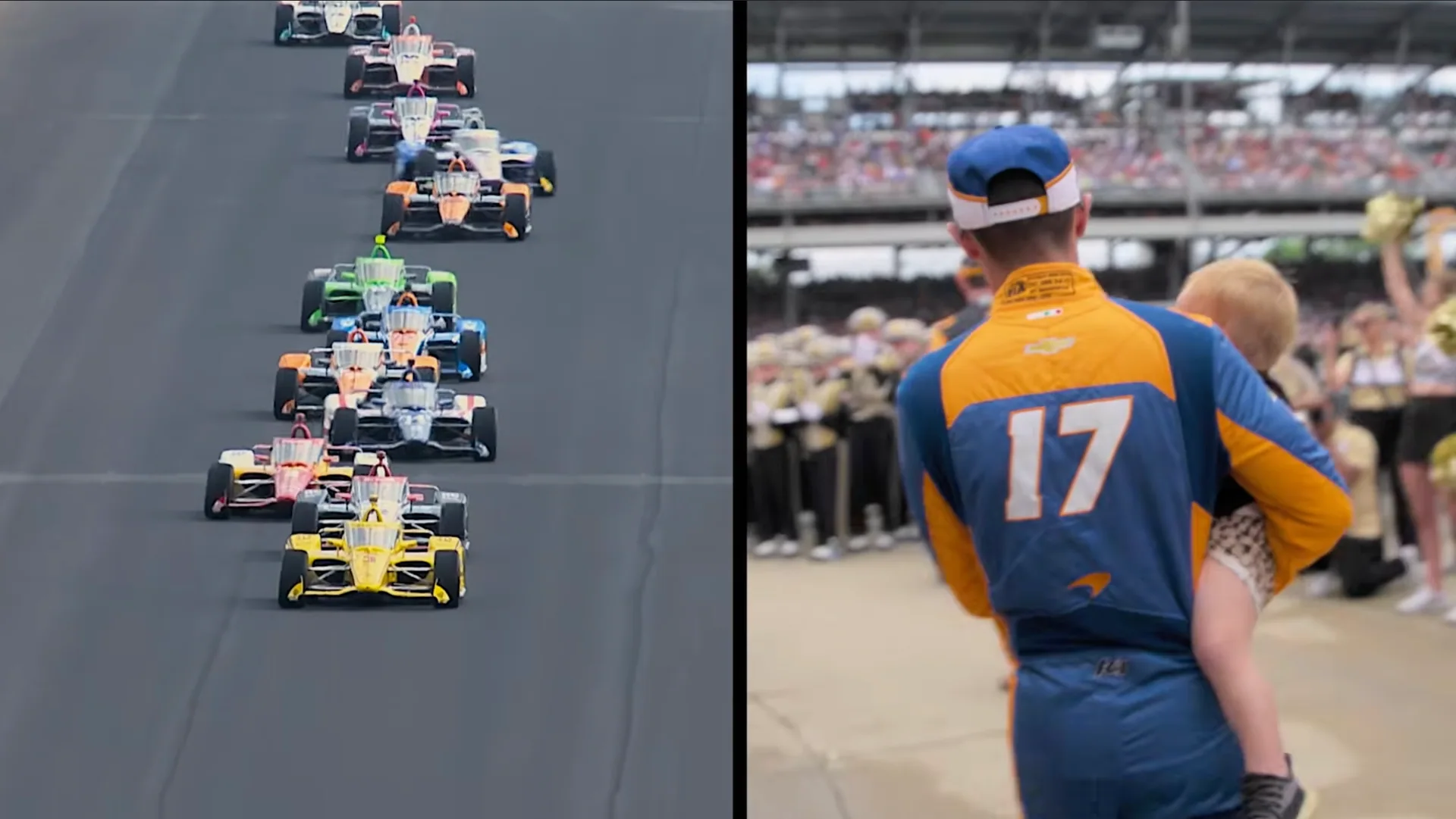 Race cars on track and Kyle Larson with a child