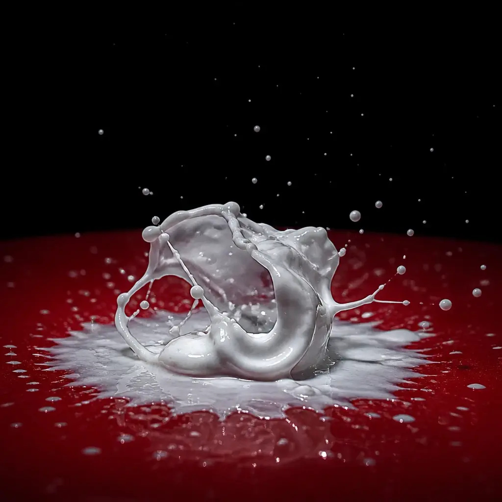 A white milk coronet rising from deep red liquid against black, from Endless Coronet