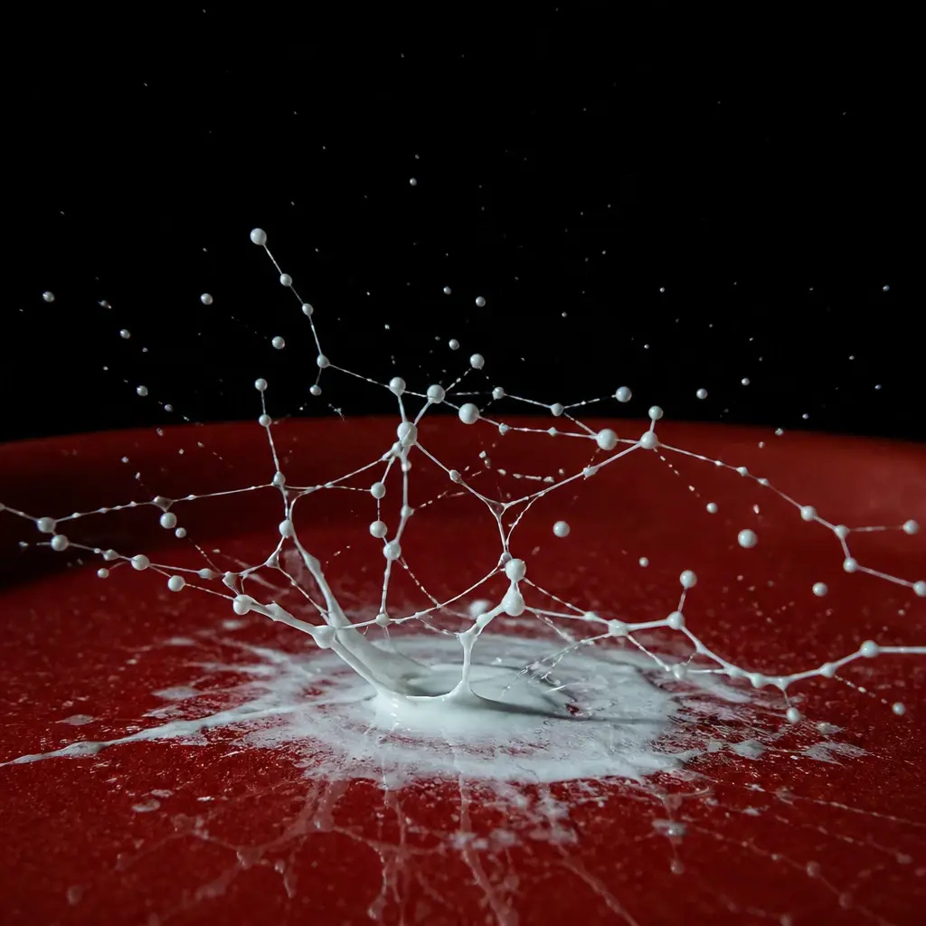 A web of milk filaments and droplets suspended over red liquid