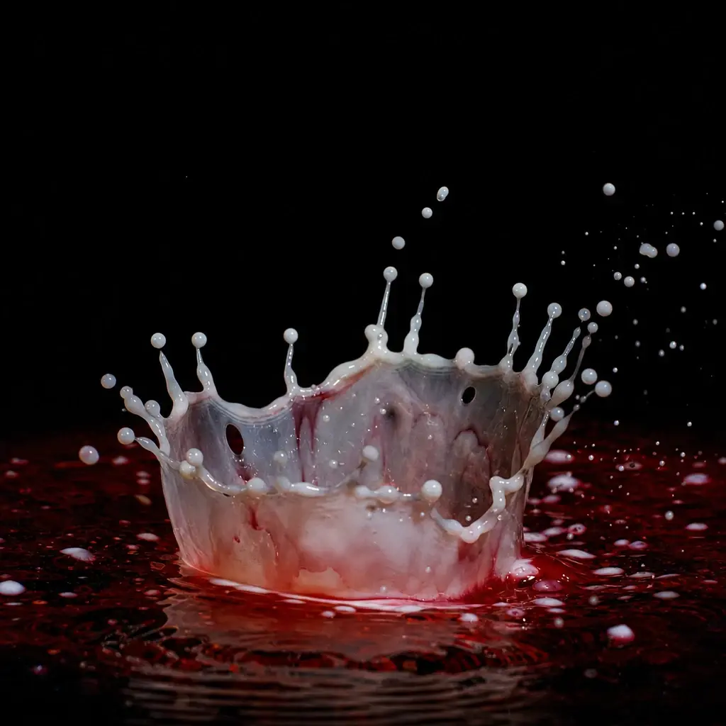 Large irregular milk crown above red liquid