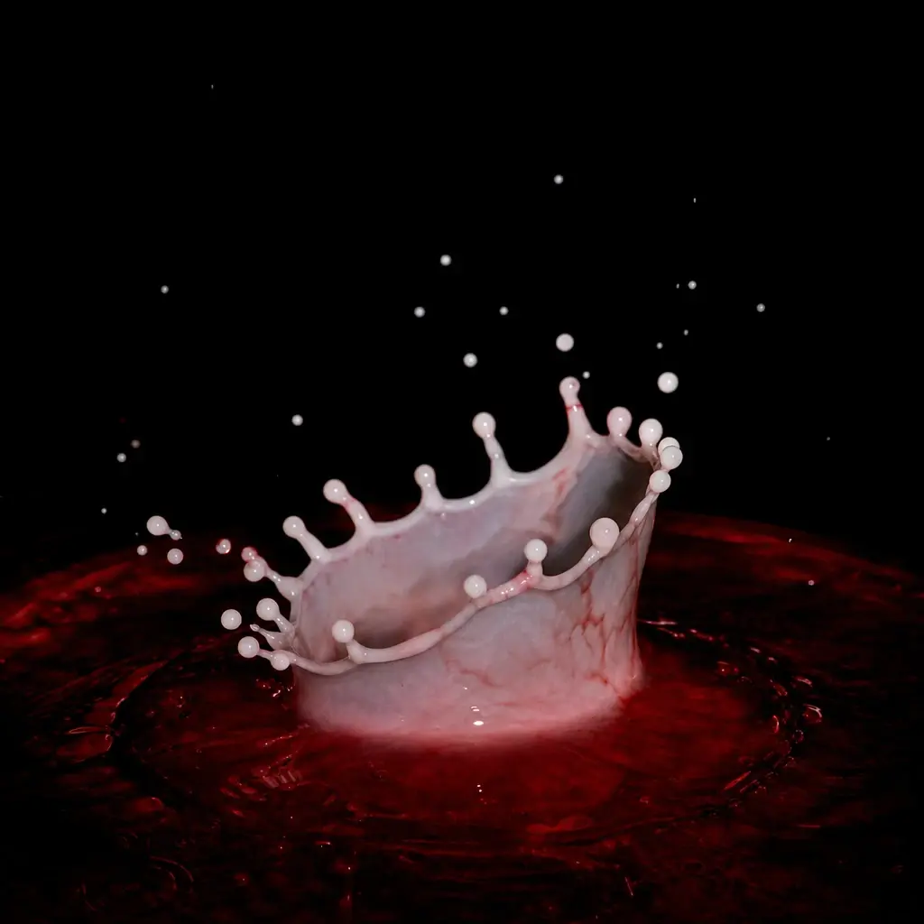Slanted milk crown suspended over red liquid