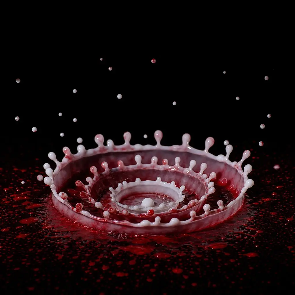 Concentric pale milk crowns rising from deep red liquid against black