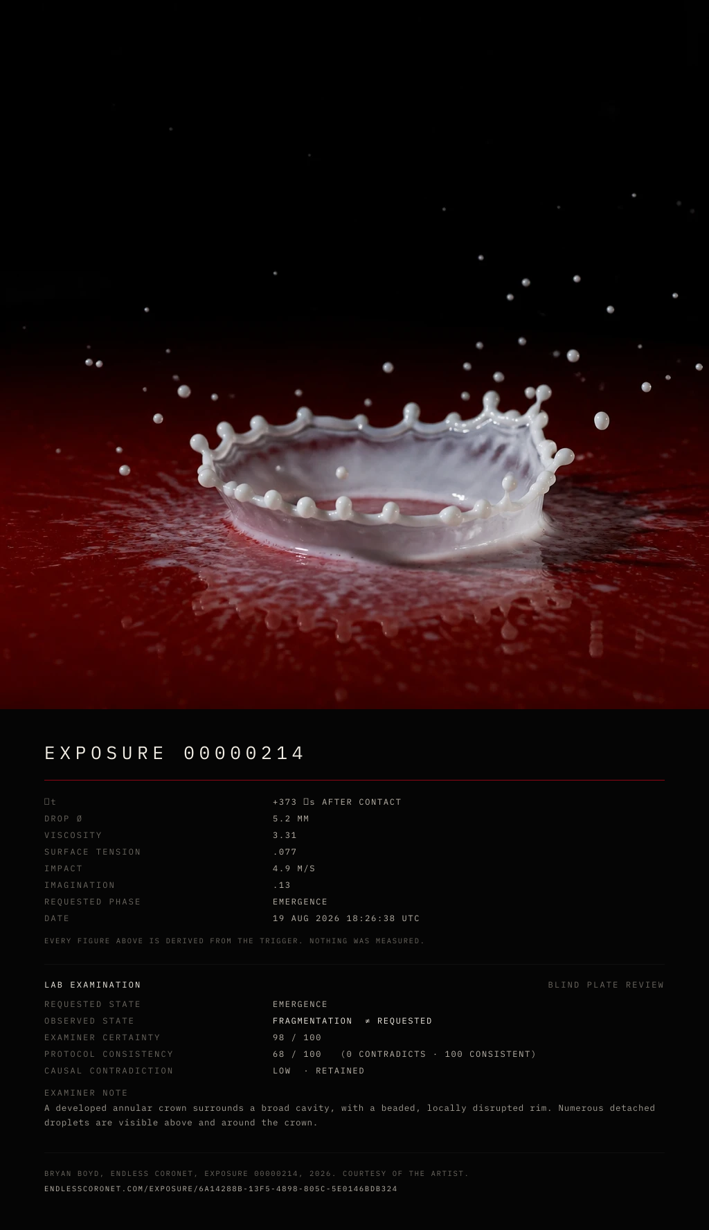 Endless Coronet exposure record 00000214 with image, parameters and lab examination