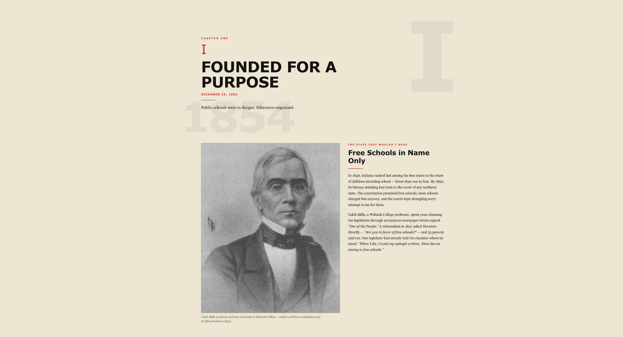 Chapter One, Founded for a Purpose, from the interactive history site, showing an archival portrait of educator Caleb Mills beside historical text