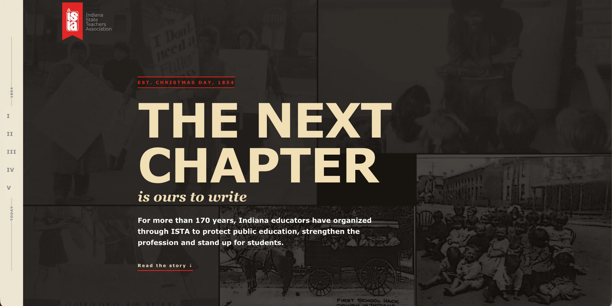 The Next Chapter interactive history landing page, with an archival collage and chapter navigation